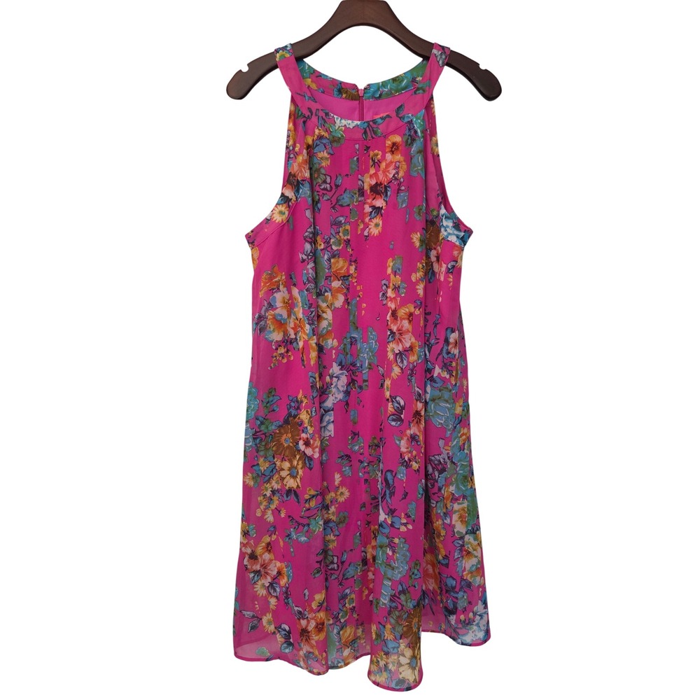Betsey Johnson Halter Dress A-Line Swing Floral Chiffon Womens 14 Pink 4K056